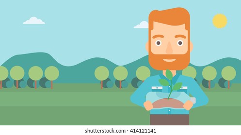 Man with plant growing in bottle.
