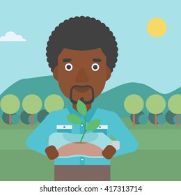 Man with plant growing in bottle.