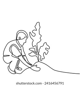 El hombre planta árboles en un plano continuo de una línea. Concepto de ecología de la plantación. Ilustración vectorial minimalista con trazo editable.