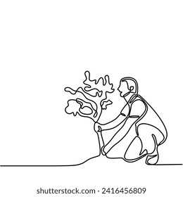 Man plant trees in continuous one line drawing. Plantation ecology concept. Minimalist vector illustration with editable stroke.