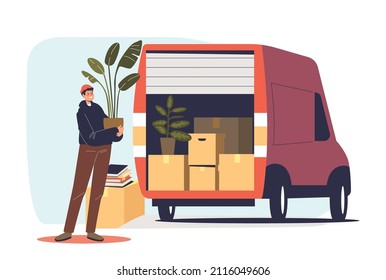 Man with plant at truck car with cardboard boxes delivering or shipping to new house for relocation. Moving to new apartment and loader service concept. Cartoon flat vector illustration