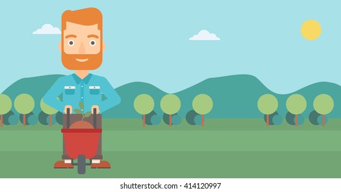 Man with plant and wheelbarrow.