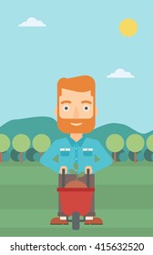 Man with plant and wheelbarrow.