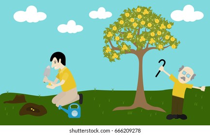 Man planted money trees.Retirement Money Plan Concept.Growth process money.financial profit growth. investment. vector ,illustration