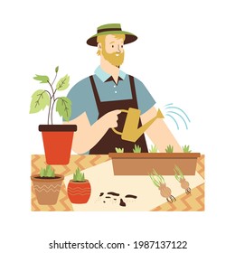 Man planting edible plants and herbs, flat vector illustration isolated on white background. Home gardening and indoors planting, green house concept.