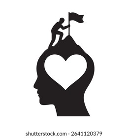 Man planting flag on heart shaped mountain head