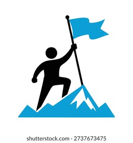 Man Planting Flag on Mountain Peak Vector Illustration for Business Success and Goal Achievement Concept