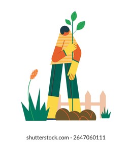 A man planting fruit tree saplings in his backyard. Homegrown concept vector illustration.