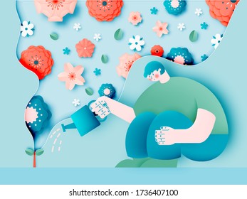 Man planting gardens flowers and tree with cool style character design