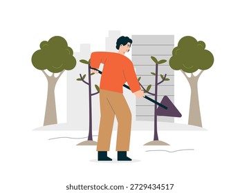 Hombre plantando más árboles para una ciudad más amigable con el medio ambiente. Diseño de personajes. Ilustración plana de Vector.