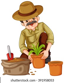 Man planting plant in the pot illustration