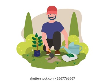 Homem plantando plantas. Simples ilustração plana.