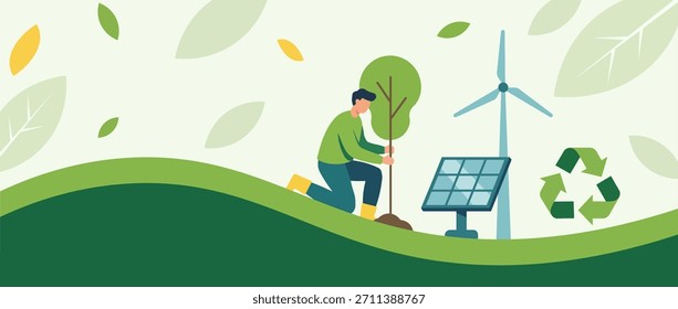 Ein Mann pflanzt einen Baum neben erneuerbaren Energiequellen wie Sonnenkollektoren und Windkraftanlagen, die für Umweltschutz und nachhaltiges Leben mit fallenden Blättern stehen.