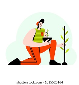 Hombre plantando un árbol. Dibujo vectorial plano de dibujos animados