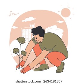 Man planting a tree in a city park flat vector illustration concept of nature conservation and eco friendly lifestyle