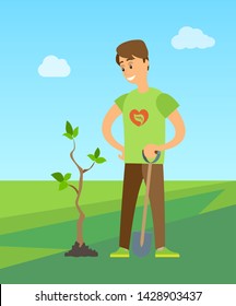 Man planting tree digging soil to plant new birch or oak in city park. Vector ecology worker or gardener with shovel, volunteer worker save nature outdoors
