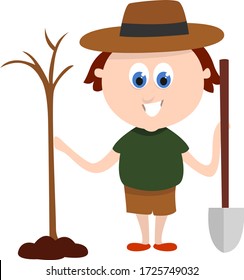 Hombre plantando un árbol, ilustración, vector sobre fondo blanco