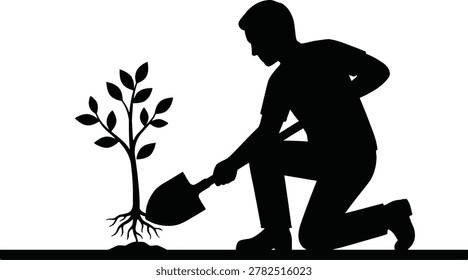 Man Planting a Tree Sapling with Shovel Silhouette
