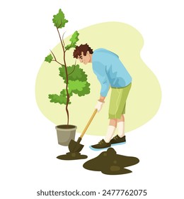 Man planting a tree with a shovel, wearing casual clothing and gloves. Illustration style on a white background. Concept of gardening and environmental care. Vector illustration