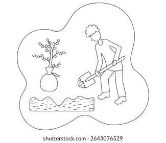 Man planting a tree. Sketch. Digging the ground with a shovel. Young bush for planting, wrapped in a canvas bag. Vector illustration. Outline on an isolated white background. Doodle style. Coloring.