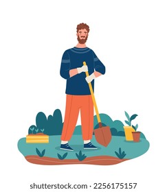 Hombre plantando verduras. Un chico joven con palas cerca de las camas cultiva productos naturales y orgánicos. Elemento gráfico para el sitio web. Ecología y botánica, naturaleza. Dibujo vectorial plano de dibujos animados