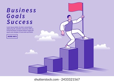 Man plants flag on graph. Business finance growth concept. project start up. Rise of the career to success. businessman in a chart going up vector.