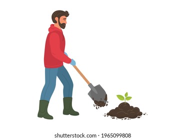 Man plants seedling in soil. Farmer take care of vegetable, tree, or flower sprout. Agriculturist with shovel digs dirt.