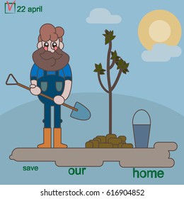 man plants a small tree. Cheerful man standing with shovel near newly planted tree.