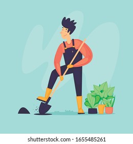 Menschen pflanzen Pflanzen, Frühling, Landwirtschaft. Flaches Design Vektorillustration Illustration.
