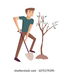 Man plants tree digging with shovel at the garden vector cartoon illustration