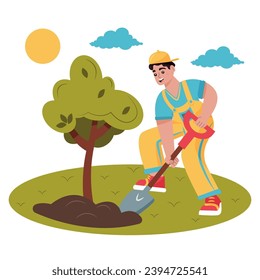 Der Mensch pflanzt einen Baum. Gartenkonzept. Hobby, Vektorgrafik-Studioaufnahme, einzeln auf weißem Hintergrund