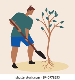 A man plants a tree isolated, landscaping a park. Flat vector stock illustration. Planting trees in the park, garden. Landscaping concept, eco-friendly lifestyle. Worker illustration