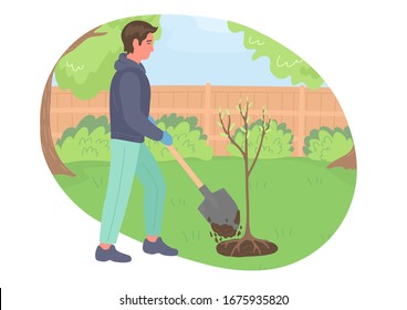 Man plants tree. Springtime. Guy with shovel working in the garden and digs ground. 