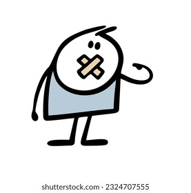 Man with a plaster over his mouth cannot speak. Vector illustration of a cartoon stickman without possibilities, powerless. Hand drawn stick figure character isolated on white background.