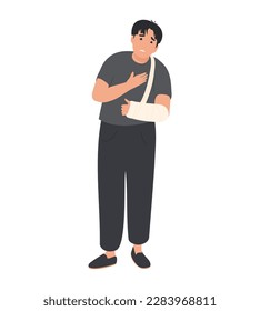 Man with plastered arm, broken hand in cast
