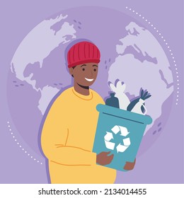 man with plastic bin to recycle, design
