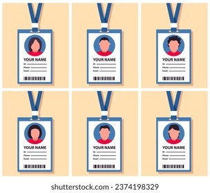 Man plastic ID card.Simple business Id.Template corporate Identification document.Identity company staff.Personal info data. Vector flat illustration.Woman plastic ID card.