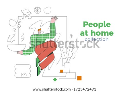 Man with plate and vegetables, healthy concept. Man character cooking in home. Collection of happy people. Vector illustration in flat geometric style