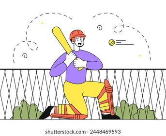 Man play baseball linear. Young guy with bat and ball. Active lifestyle and team sports. Tournament and competition. Player batter. Doodle flat vector illustration isolated on white background