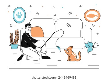 Man play with cat linear. Young guy with foshing rod with mouse playing with kitten. Owner and domestic animal. Love and care about pet. Doodle flat vector illustration isolated on white background