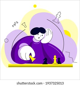 Man play chess illustration jn white backgroynd. Yellow and violet colors. For site, banner, chess school, t-shirt design. Vextor, EPS10.