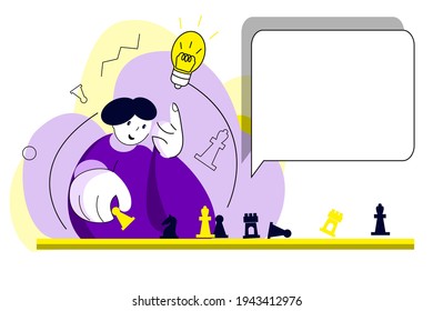 Man play chess illustration on white backgroynd with frame for own text. Yellow and violet colors. For site, banner, chess school, tournament. Vector, EPS10.