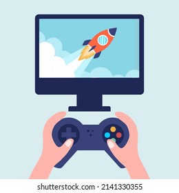 Man play computer game in flat design. Gamer concept vector illustration.