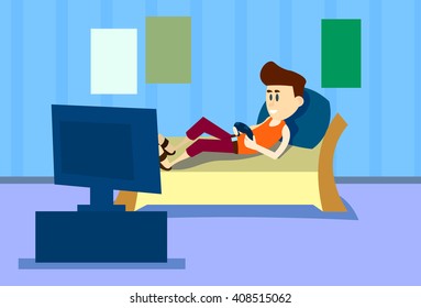 Man Play Computer Video Game. Vector Illustration