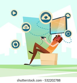Man Play Computer Video Game Cell Smart Phone Head Social Network Communication Flat Vector Illustration