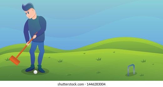 Man play croquet concept banner. Cartoon illustration of man play croquet vector concept banner for web design