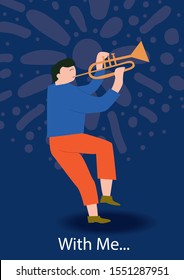 A man to play drum pet.
An invitation to use in print advertising, product design, greetings cards, sell a good illustration.