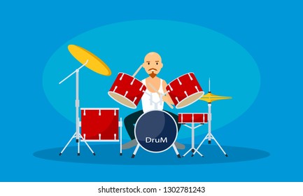 Man play at drums banner. Flat illustration of man play at drums vector banner for web design