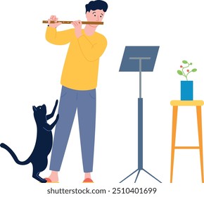 Man play flute at home. Musician instrument practice