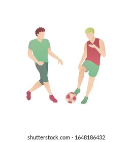 Hombre jugando fútbol, ilustración vectorial plana. Dos niños se divierten al aire libre en un parque jugando con un balón de fútbol. Un patinador macho, sobre un fondo blanco aislado, usando hojalas y finas golpea a un oponente.